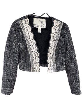 ANTHROPOLOGIE Tabitha Y2K Cropped Tweed Jacket With Lace Trim Sz10 Black / White